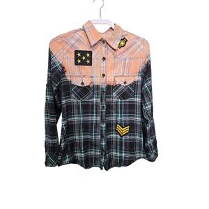 Young Thread Plaid Button Up Shirt Grunge Punk Womens Medium Orange Patches